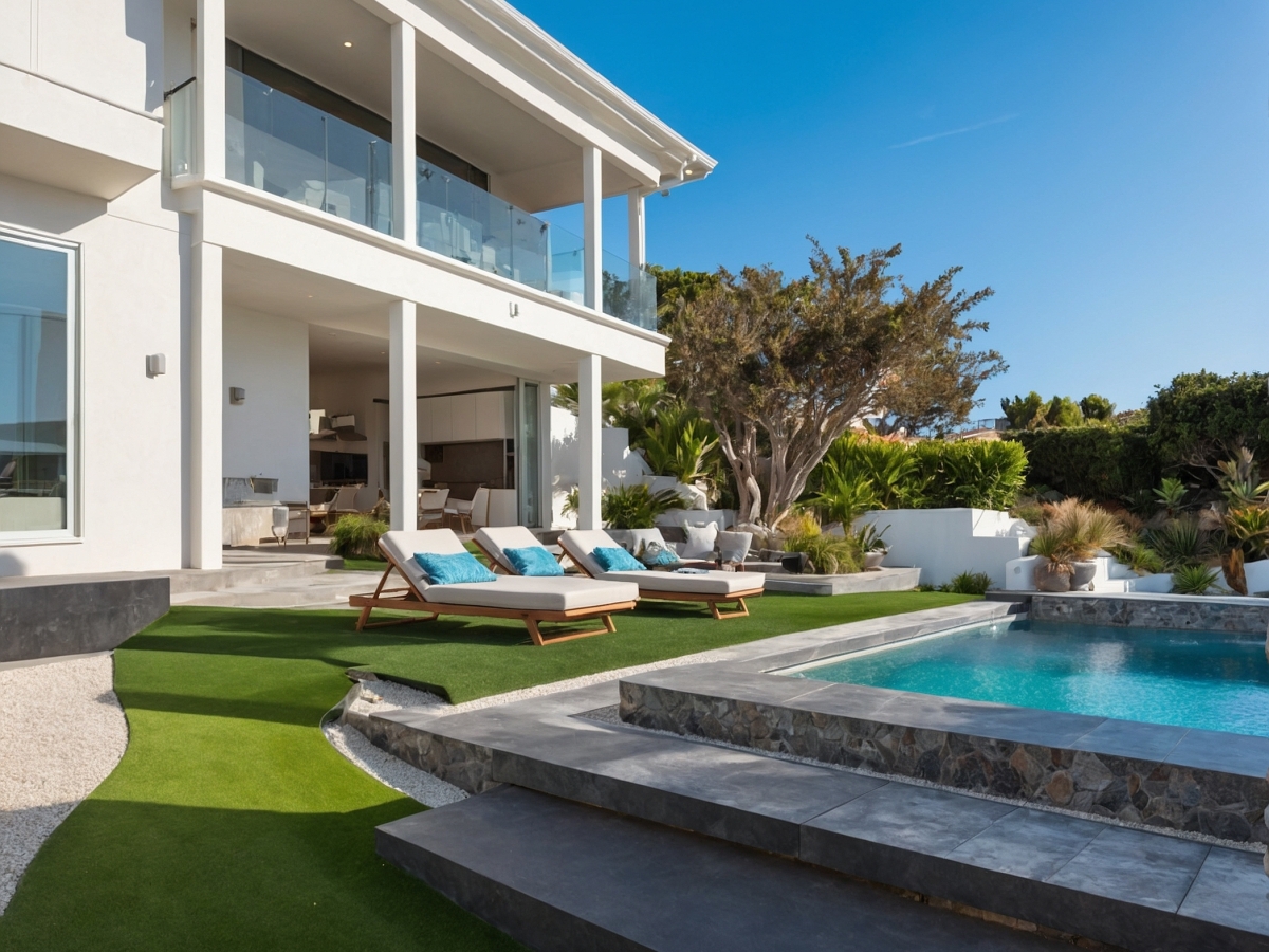 Beach home with artificial turf surround for added safety and low maintenance